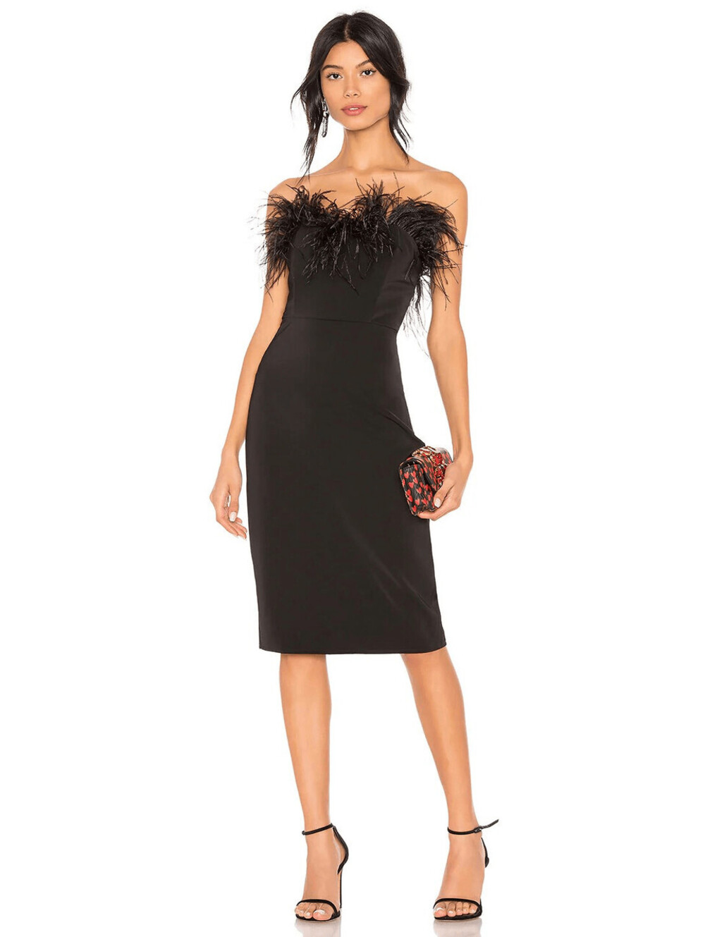 LPA Strapless Black Feather Trim Midi Dress XS Ostrich Feather Cocktail Party